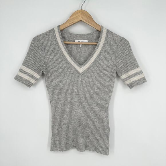 FRAME Varsity V-Neck Sweater Wool Blend Striped Short Sleeve Rib Knit Gray - Picture 3 of 12